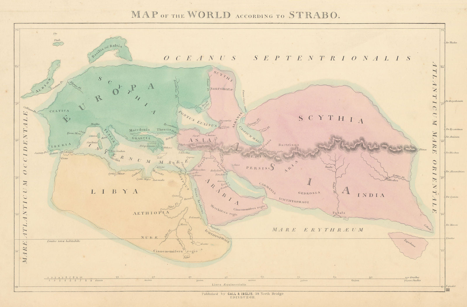 Map of the World according to Strabo. Europe, North Africa & Asia 1850 old